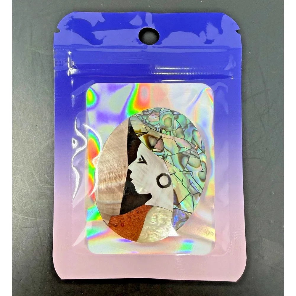 Abalone Shell Mosaic Pendant Inlay Oval Woman Face Art Cabochon 2" - Picture 3 of 5